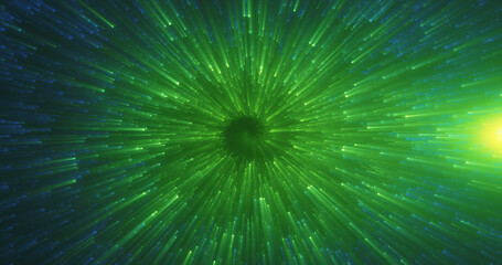 Abstract green energy magical glowing spiral swirl tunnel background with particles