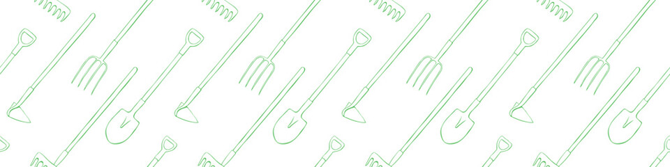 Seamless pattern with garden equipments: shovels, spades, rakes, hoes, pitchforks. Vector backgrounds and textures with tools on topic of gardening, farming, agriculture