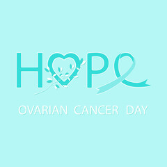 Illustration for Ovarian Cancer Day with ribbon, heart and twig inside a word HOPE. Positivity, care, awareness, support. Card, banner.