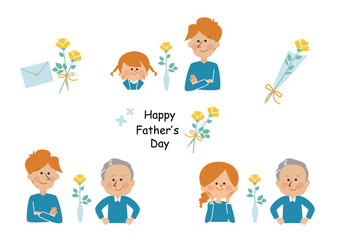 父の日　親子と黄色い薔薇のイラスト素材