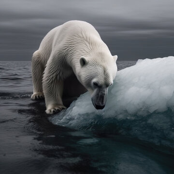 Oso polar sufriendo por el cambio climático, la falta de hielo y el calentamiento global, imagen hecha con inteligencia artificial, AI generative
