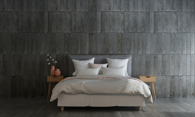 Modern minimal bedroom and black brick wall texture background. interior design 3d rendering
