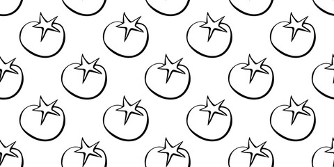 Vector seamless pattern of outline tomatoes icons. Hand drawn doodle texture, backdrop. Topic of fruits and vegetables, farm products