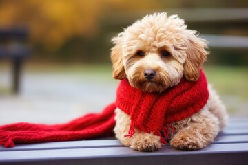 Sitting Dog with a Red Scarf on a Bench in a Winter Day. Generative AI