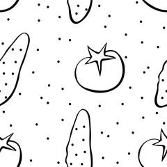 Seamless pattern with fresh cucumbers and tomatoes. Black outline on white background. Hand drawn vector doodle cartoon illustration. Concept of cooking background, textile, texture, backdrop