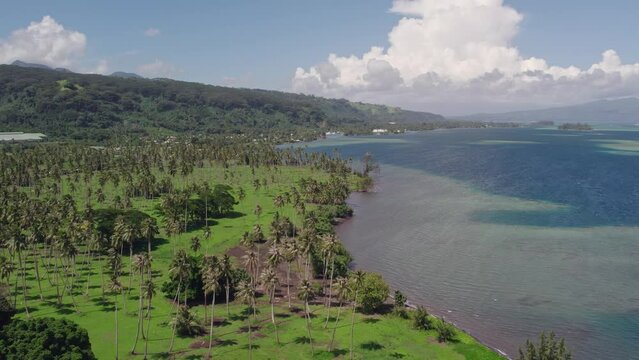 Ariel View of Tahitian Beach with Coconut Grove and Rugged Mountains of Tahiti Iti in the Distance with Coral Reefs in the Lagoon