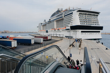 Naklejka premium Huge modern luxury cruiseship cruise ship liner Bellissima in port of Palma de Mallorca, Spain during Mediterranean cruising