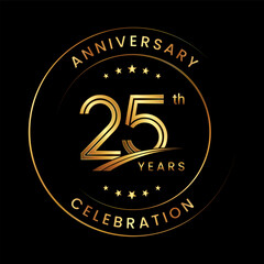 25th Anniversary. Anniversary logo design with gold color ring and text for anniversary celebration events. Logo Vector Template