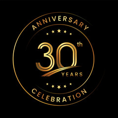 30th Anniversary. Anniversary logo design with gold color ring and text for anniversary celebration events. Logo Vector Template