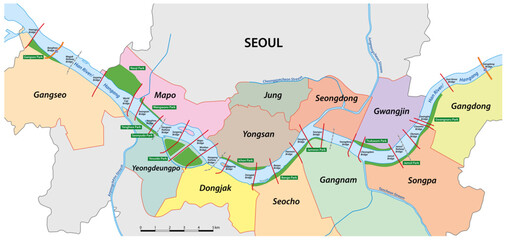 Vector map of Hangang Park on the Hang river in Seoul, South Korea