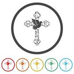 Christian cross and dove logo. Set icons in color circle buttons