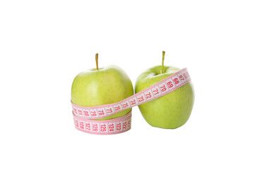 Concept of weight loss with apple and measuring tape, isolated on white background
