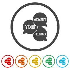 We want your feedback logo. Set icons in color circle buttons