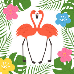 Square card decorated Tropical Palms trees and Flamingo couple. Summer season postcard. Exotic Love Birds background. Tropical party. Flat colorful vector illustration.