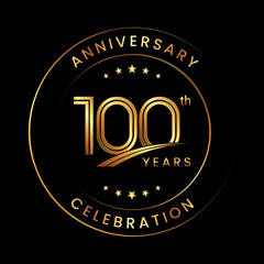 100th Anniversary. Anniversary logo design with gold color ring and text for anniversary celebration events. Logo Vector Template