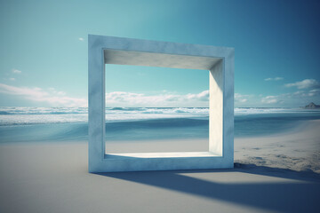 3d render of empty frame on the beach with blue sky and ocean background.    Generative AI