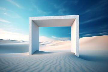 Open door in desert with sand dunes and blue sky. 3d render.    Generative AI