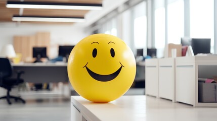 Positivity in the workplace demonstrated by a yellow smiling ball in the office interior, promoting a positive work environment and inspiring corporate culture. Generative AI