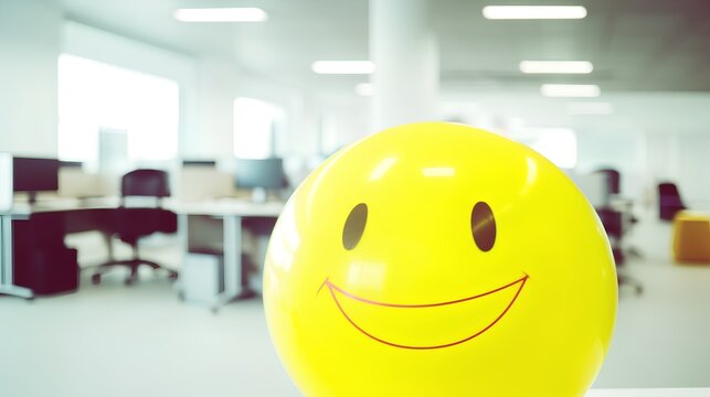 Positivity in the workplace demonstrated by a yellow smiling ball in the office interior, promoting a positive work environment and inspiring corporate culture. Generative AI