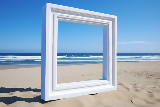 Mockup. White picture frame on the beach in sunny day. 3d rendering.    Generative AI