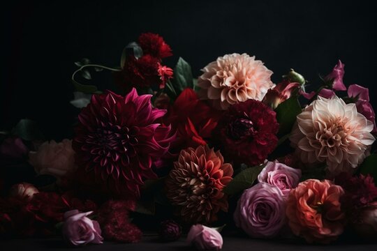 Stunning flowers arranged on a dark backdrop. Generative AI