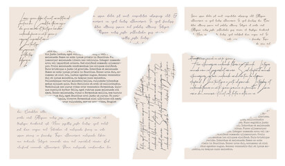 Naklejka premium Vector torn pieces of old paper with handwpitten and typewriter text. Eight elements with tear paper effect. Sizable, editable vector.