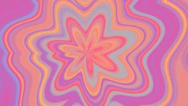 Moving to and fro abstract groovy shape of flower. Loop motion. Seamless animation. Psychedelic summer pattern. Orange pink purple blue gradient background. Enjoy life concept. Happy kids. Sunny days