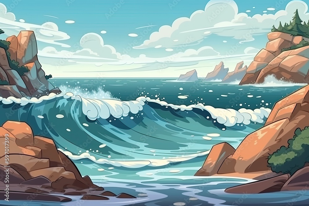 Poster cartoon rocky coast with waves crashing. generative ai