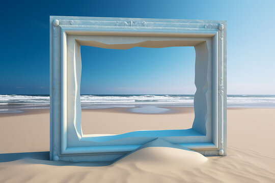 Empty picture frame on the beach. 3D render. Conceptual image.   Generative AI