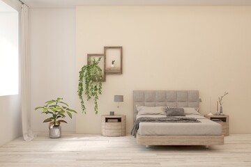 White bedroom concept. Scandinavian interior design. 3D illustration