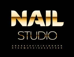 Vector glamour emblem Nail Studio. Chic Golden Font. Trendy Luxury Alphabet Letters, Numbers and Symbols set