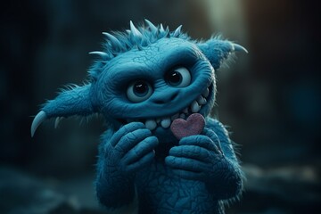 Humorous blue Valentine creature clutching love symbol. Generative AI
