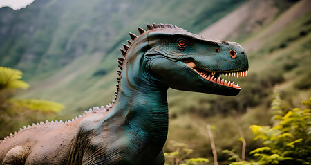 Photorealistic dinosaur creature in a natural environment 66 million years ago in the ancient era