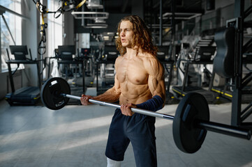 Fototapeta na wymiar Portrait of strong sportsman doing exercises with barbell