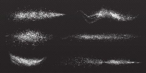 Sugar and salt powder, snow dust, white flour splashes. Texture of splatter of sand, salt crystal or sugar granules isolated on transparent background, vector realistic illustration