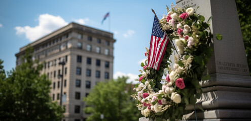 Fototapeta na wymiar An image of an American flag to honor fallen soldiers, with a wreath of flowers in the foreground
