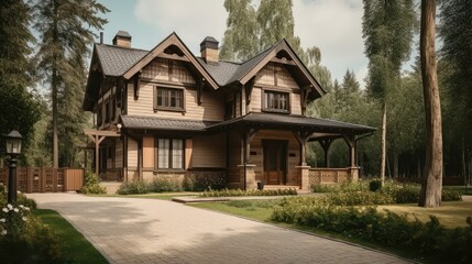Fototapeta na wymiar Natural Elegance: A Modern Home with Wooden Floors and a Serene Entry Path 1. Generative AI