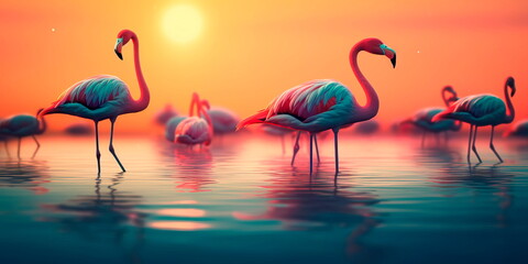 Fototapeta na wymiar group of flamingos wading in shallow water, with a sunset in the background. Generative AI