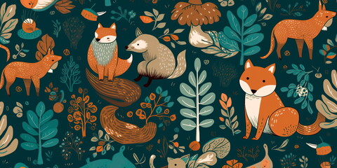 pattern with a woodland-inspired design, featuring forest animals and nature motifs. Generative AI