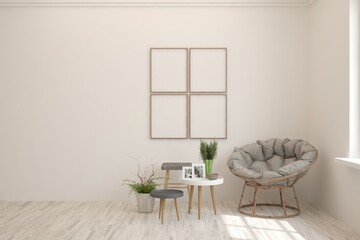 White living room with armchair. Scandinavian interior design. 3D illustration