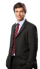 Smiling Businessman Standing with Hands in Pockets - Isolated