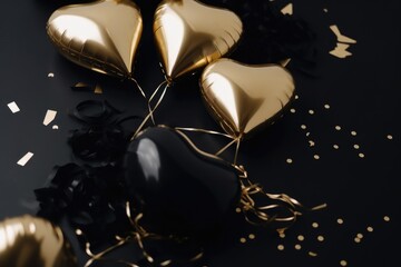 Decorative golden balloons and black balloons isolated on black background for a party vibe, Generative AI