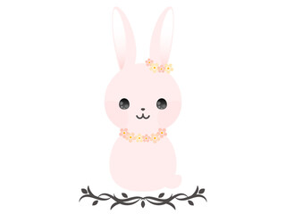 可愛いピンクの花飾りをつけたうさぎのイラスト