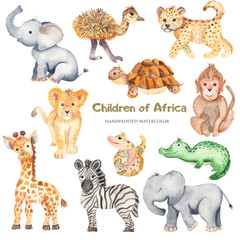 African kids animals watercolor set, cute elephant, lion, monkey, crocodile, giraffe for baby shower, birthday, invitation cards, congratulations