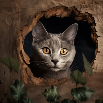 Adorable Gray Feline Curiously Peeking Through Wooden Hole - Photo Art Created with Generative AI and Other Techniques.