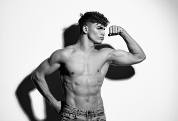 Fototapeta premium man black and white shirtless male attractive black bodybuilding arm muscle trend