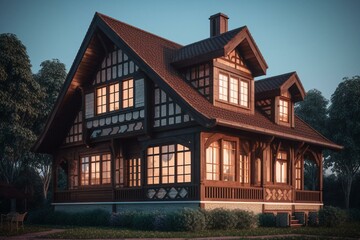 Fototapeta na wymiar Wooden house with cubic bay window. Generative AI