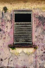 Old weathered window frame in a colorful concrete wall in Martinique, France. Bleached out with remains of pink and yellow. Vintage background illuminated by warm bright sunlight. Weeds growth in gaps