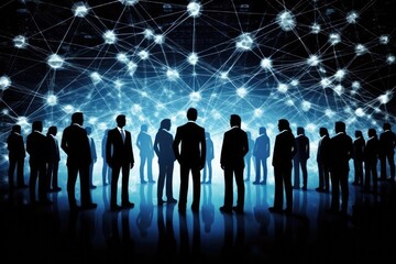 people gathered in front of a technological network display. Generative AI