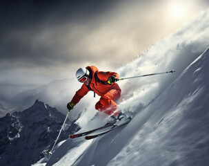 Naklejka na ściany i meble Exhilarating Downhill Ski Adventure Photo Art - Created with Generative AI and Other Techniques